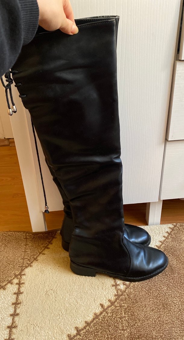 Siyah Deri Dizüstü Kadın Çizme - Görsel 5