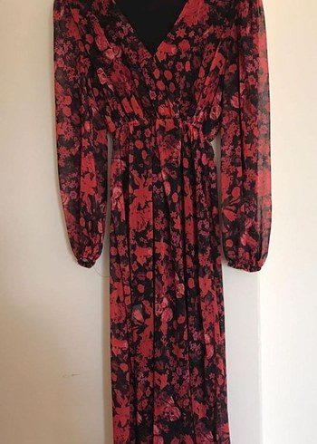 Kırmızı V Yaka Uzun Bohem Elbise - Görsel 2