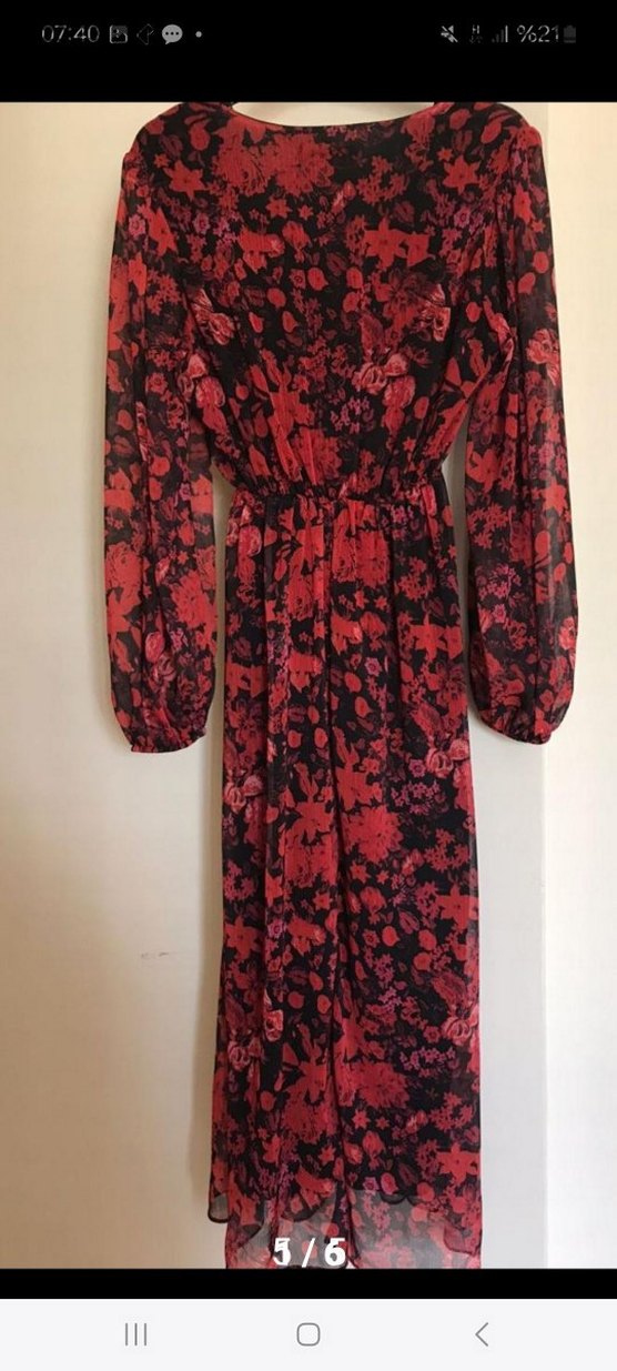 Kırmızı V Yaka Uzun Bohem Elbise - Görsel 3