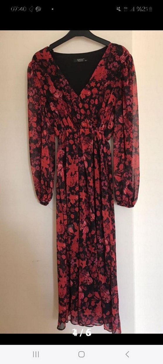 Kırmızı V Yaka Uzun Bohem Elbise - Görsel 2