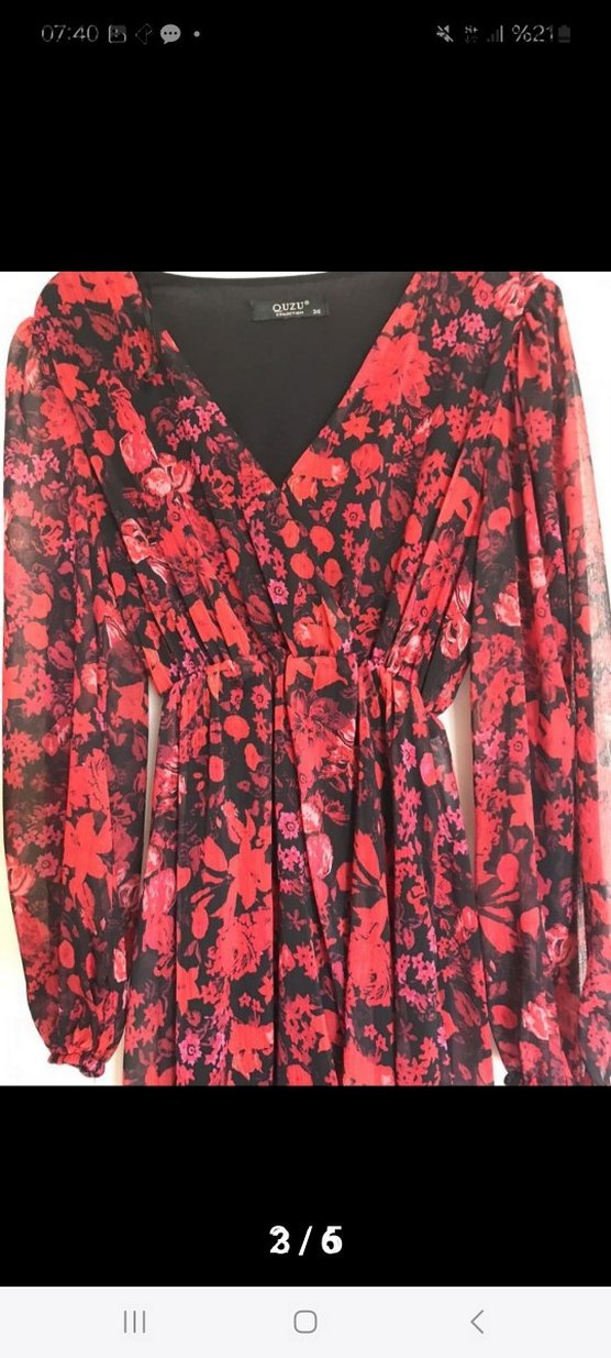 Kırmızı V Yaka Uzun Bohem Elbise - Görsel 4