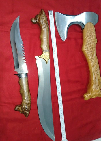 Oyma Detaylı Kahverengi Saplı Balta ve Bıçak Seti - Görsel 2