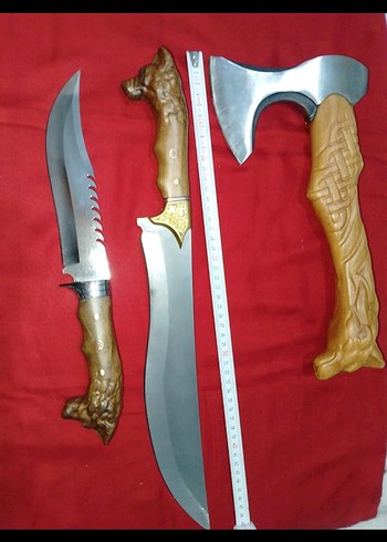 Oyma Detaylı Kahverengi Saplı Balta ve Bıçak Seti - Görsel 3