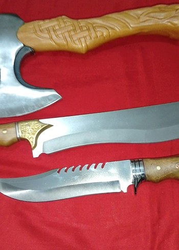 Oyma Detaylı Kahverengi Saplı Balta ve Bıçak Seti - Görsel 6