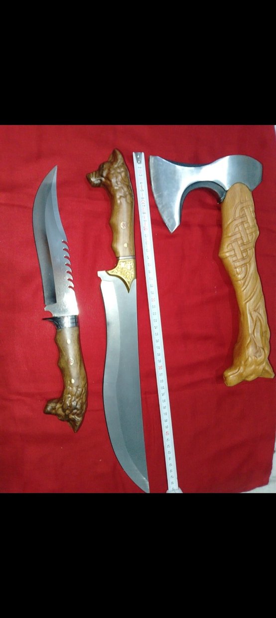 Oyma Detaylı Kahverengi Saplı Balta ve Bıçak Seti - Görsel 3