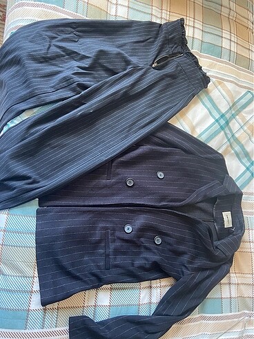 Lacivert çizgili blazer pantolon takımı