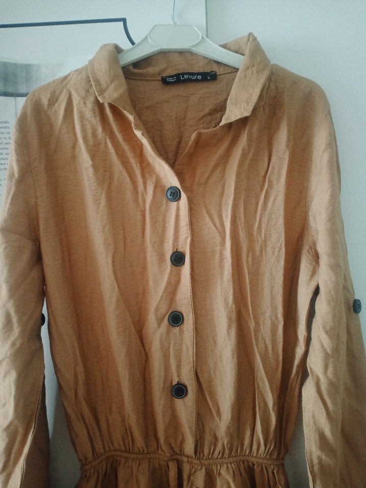 Düğmeli Bej Uzun Keten Tulum - Görsel 2