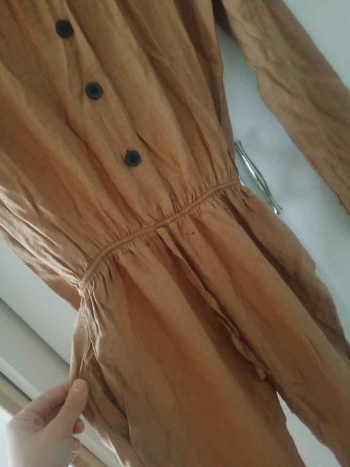 Düğmeli Bej Uzun Keten Tulum - Görsel 3