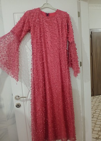 Pembe Uzun Kollu Dantel Nakışlı Bohem Elbise