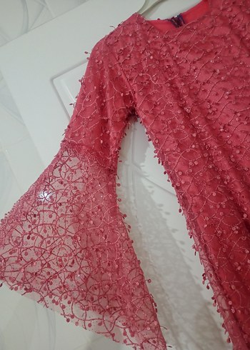 Diğer Pembe Uzun Kollu Dantel Nakışlı Bohem Elbise