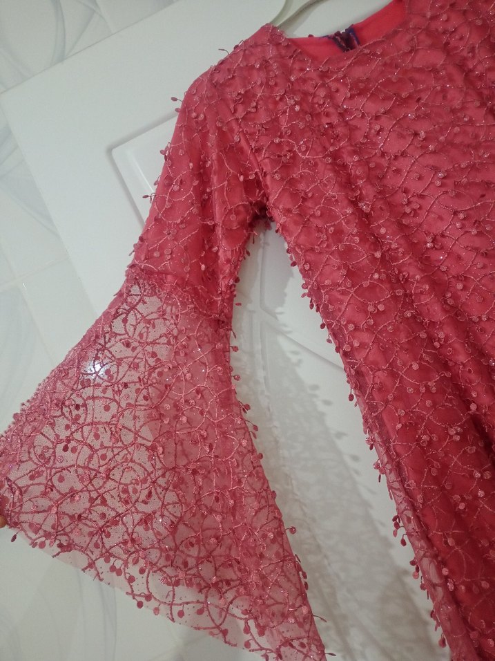 Pembe Uzun Kollu Dantel Nakışlı Bohem Elbise - Görsel 2