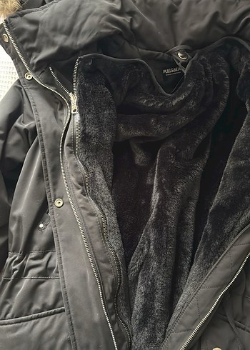 Siyah Kadın Midi Kaban, Kürklü Kapüşonlu - Görsel 3