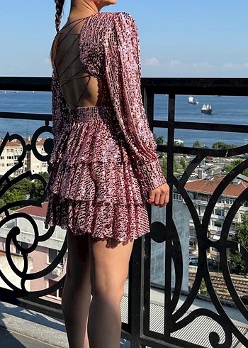 Pullu V Yaka Mini Elbise - Görsel 2