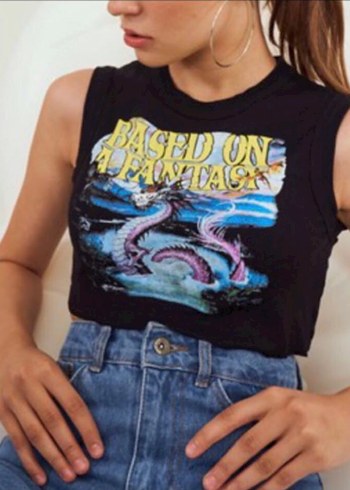 Bershka Bershka Rock Punk Baskılı Siyah Crop Top