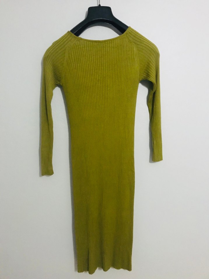 Hardal renk Uzun Kollu Triko Elbise - Görsel 5