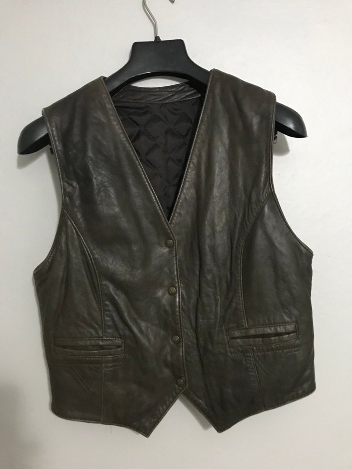 Kahverengi Deri Biker Yelek - Görsel 2