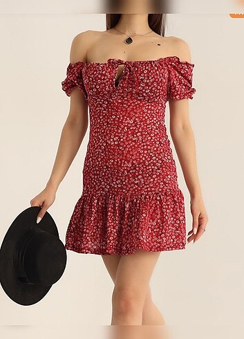 Modagram Kırmızı çiçekli mini elbise