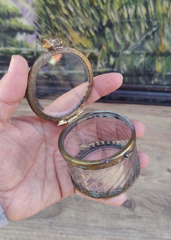 Fransız Bizote cam bronz çerçeve kasa mücevher kutusu  - Görsel 2