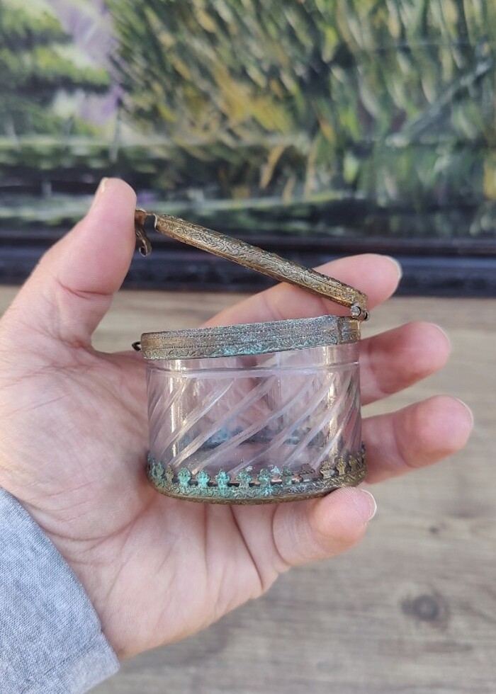 Fransız Bizote cam bronz çerçeve kasa mücevher kutusu  - Görsel 5