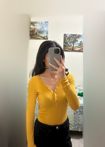 Sarı V Yaka Düğmeli Triko Bodysuit - Görsel 2