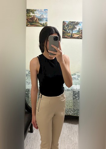 Zara Deri Bej Kadın Pantolon - Görsel 3