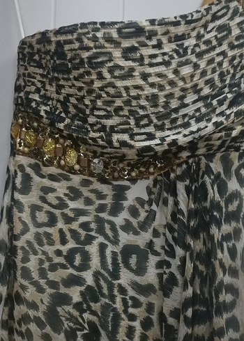 Drapeli Leopar Desenli Uzun Straplez Elbise - Görsel 3