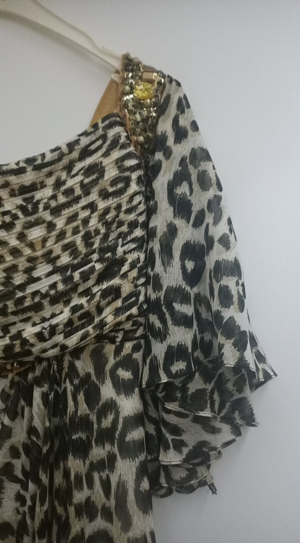 Drapeli Leopar Desenli Uzun Straplez Elbise - Görsel 2