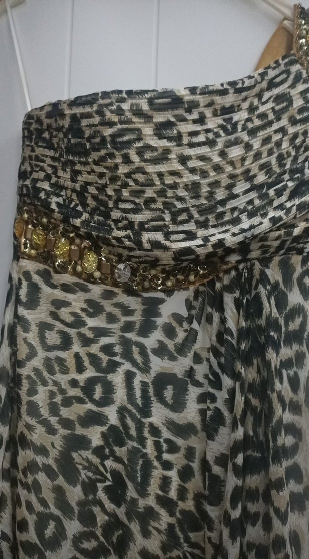 Drapeli Leopar Desenli Uzun Straplez Elbise - Görsel 3