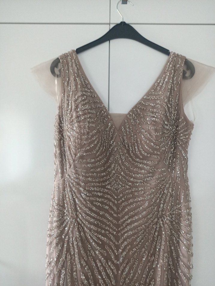 Bej Drapeli V Yakalı Uzun Abiye Elbise - Görsel 2