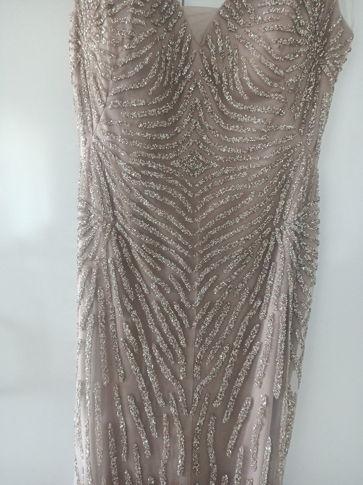 Bej Drapeli V Yakalı Uzun Abiye Elbise - Görsel 3