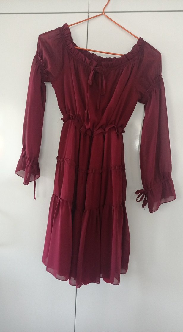 Bordo Bohem Uzun Kollu Midi Elbise - Görsel 2