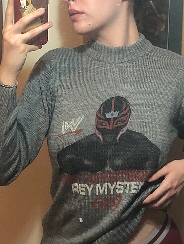 Rey Mysterıo Baskılı Gri vintage kazak??