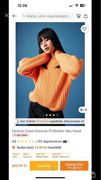 Turuncu L beden triko kazak defacto
