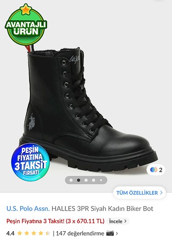 U.S. Polo Assn. Siyah Kadın Biker Bot