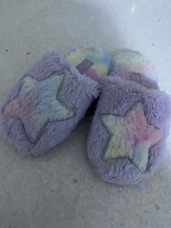 Kızlar için Mor Peluş Bağlama Desenli Terlik çocuk - Görsel 2