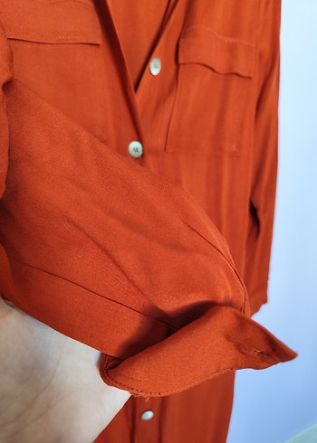 Düğmeli Uzun Turuncu Gömlek Elbise - Görsel 8