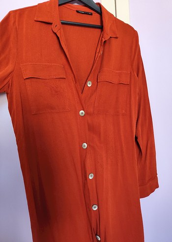 Düğmeli Uzun Turuncu Gömlek Elbise - Görsel 3