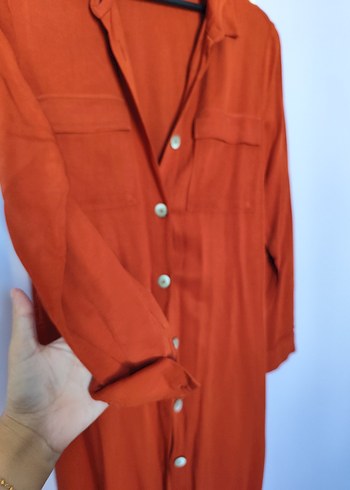 Düğmeli Uzun Turuncu Gömlek Elbise - Görsel 2