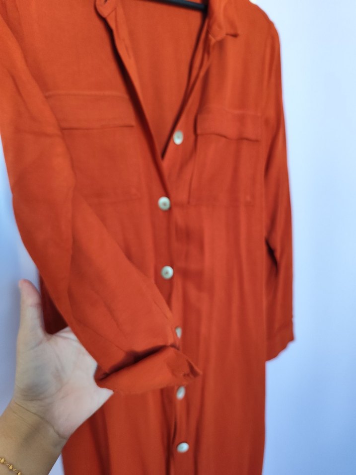 Düğmeli Uzun Turuncu Gömlek Elbise - Görsel 2