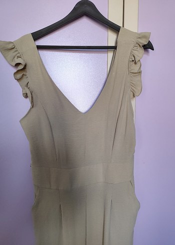 Bej Keten Kadın Uzun Tulum V Yaka - Görsel 4