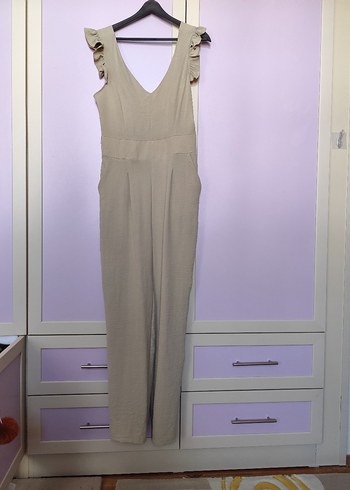 Bej Keten Kadın Uzun Tulum V Yaka - Görsel 3