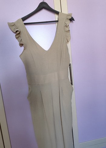 Bej Keten Kadın Uzun Tulum V Yaka - Görsel 7