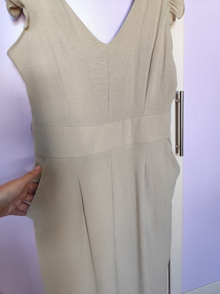Bej Keten Kadın Uzun Tulum V Yaka - Görsel 5