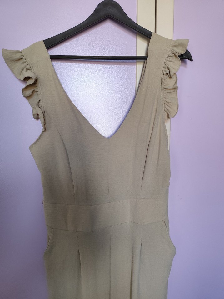 Bej Keten Kadın Uzun Tulum V Yaka - Görsel 4