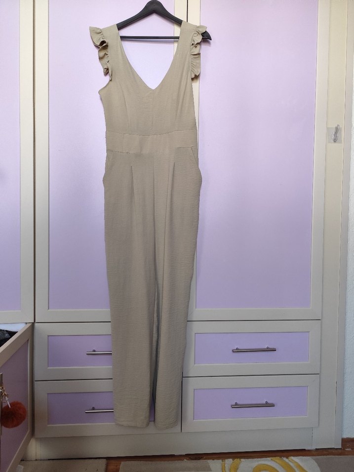 Bej Keten Kadın Uzun Tulum V Yaka - Görsel 3