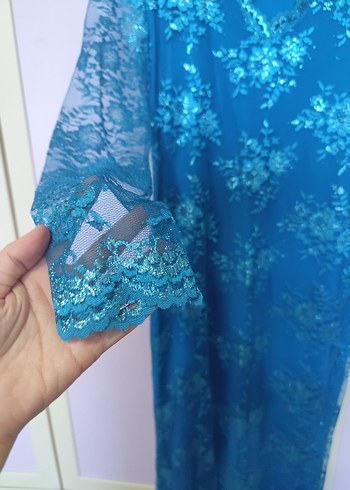 Dantel Detaylı Uzun Mavi Henna Elbise - Görsel 6