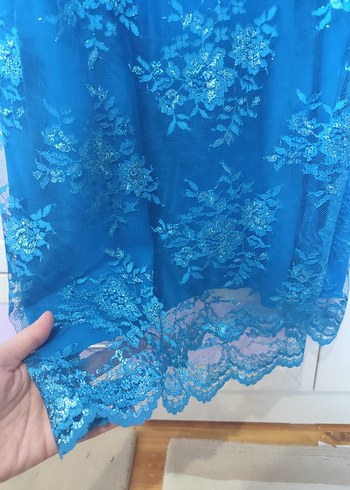 Dantel Detaylı Uzun Mavi Henna Elbise - Görsel 3