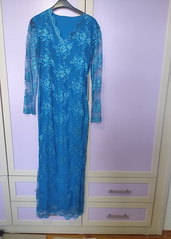 Dantel Detaylı Uzun Mavi Henna Elbise - Görsel 2