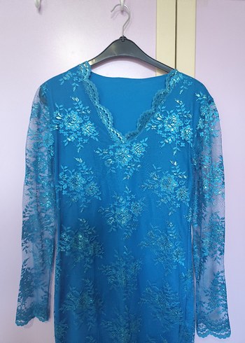 Dantel Detaylı Uzun Mavi Henna Elbise - Görsel 5