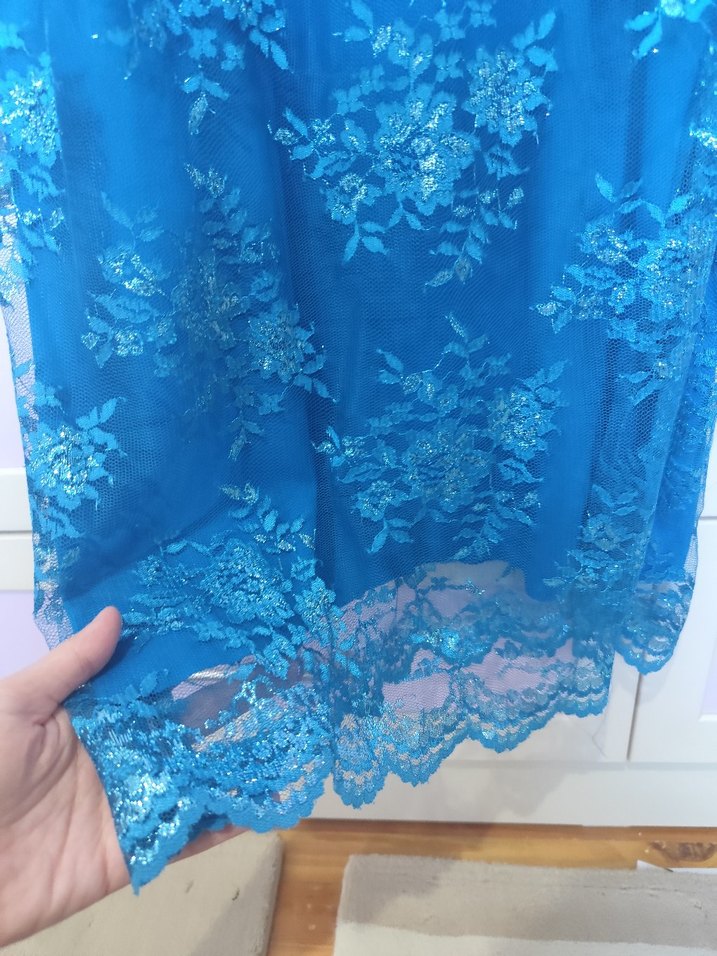 Dantel Detaylı Uzun Mavi Henna Elbise - Görsel 3